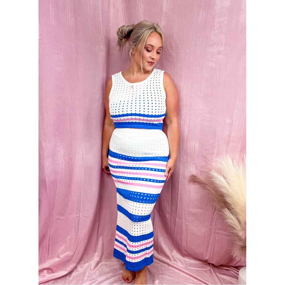 Striped openwork cropped tank and split skirt set